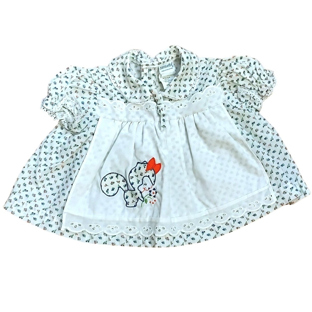 Nannette Vintage Baby Dress Small White Floral Squirrel Eyelet Trim 80s